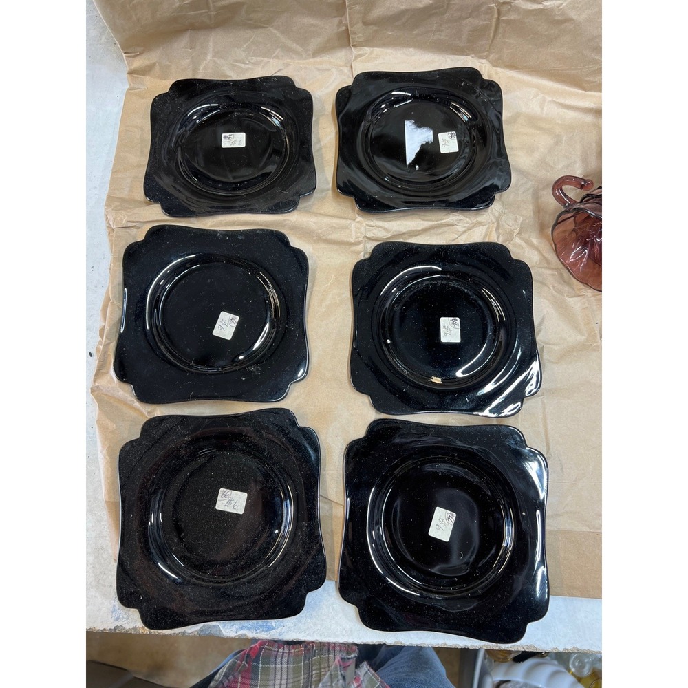 6 ART DECO Vintage CAMBRIDGE Black Amethyst Glass  EBONY 6" Square Plates